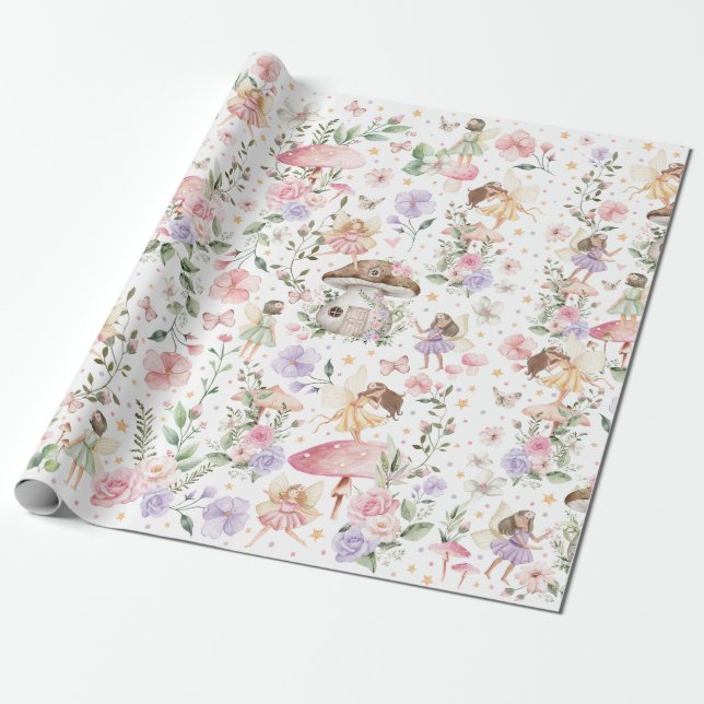 Vitministisk Blommigt Fairy Garden Tea Party Birth Presentpapper (Utrullad)