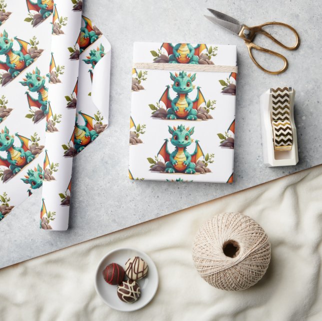 Vitministisk Mint Grönt Baby Dragon Wrapping Pappe Presentpapper (Hantverk)