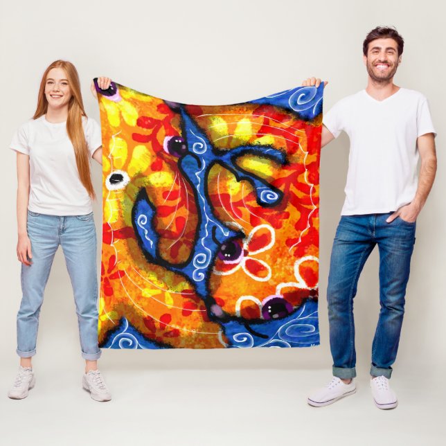 Vitmisk Abstrakt Koi Goldfish Orange Blue Blommigt Fleecefilt (På plats)