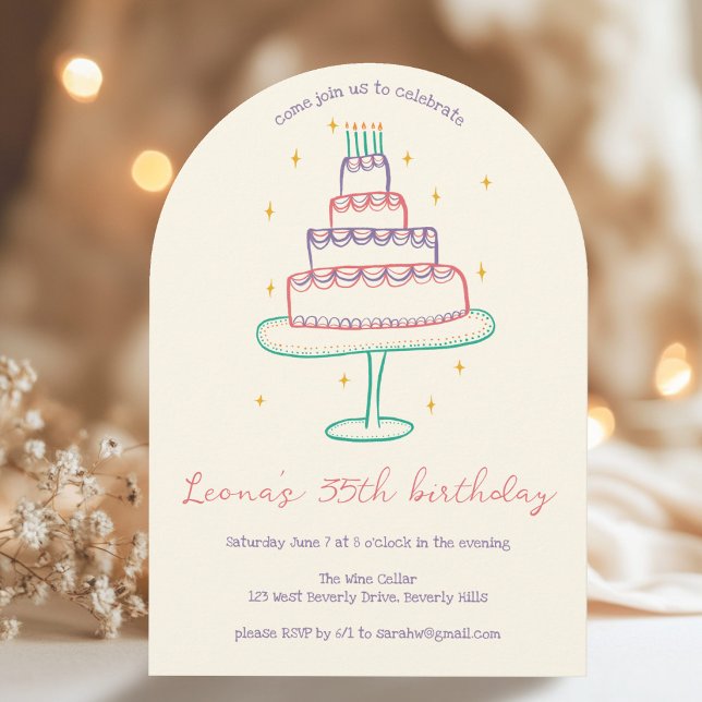 Vitmisk Anpassningsbar av födelsedagskaka, färgad  Inbjudningar (Whimsical Birthday Cake Custom Colorful Party Arched Doodle Cute Invitation
)