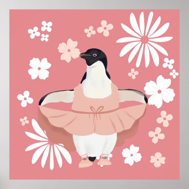 Vitmisk Ballerina Penguin med Rosa Flowers Poster (Framsidan)