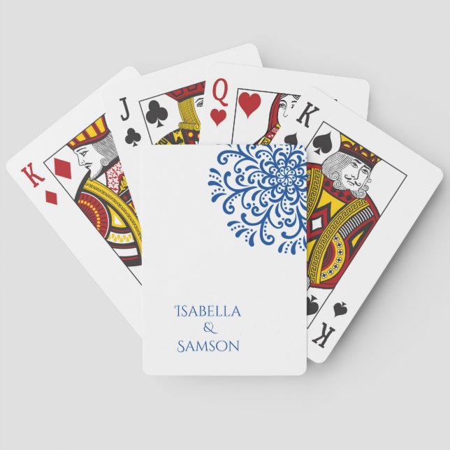 Vitmisk blå blommig Bröllop Casinokort (Baksidan)