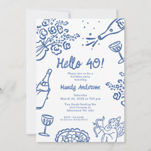 Vitmisk blå Hand plockade 40:e födelsedagen Party Inbjudningar