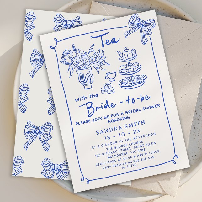 Vitmisk blå Hand plockade Tea Party-Möhippan Inbjudningar (Hand Drawn Bridal Tea Invitation, Tea with the Bride to Be Invitation, Whimsical Tea Bridal Shower )