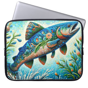 Vitmisk Blommigt Salmon Fish Blue Grönt Peach Laptop Fodral