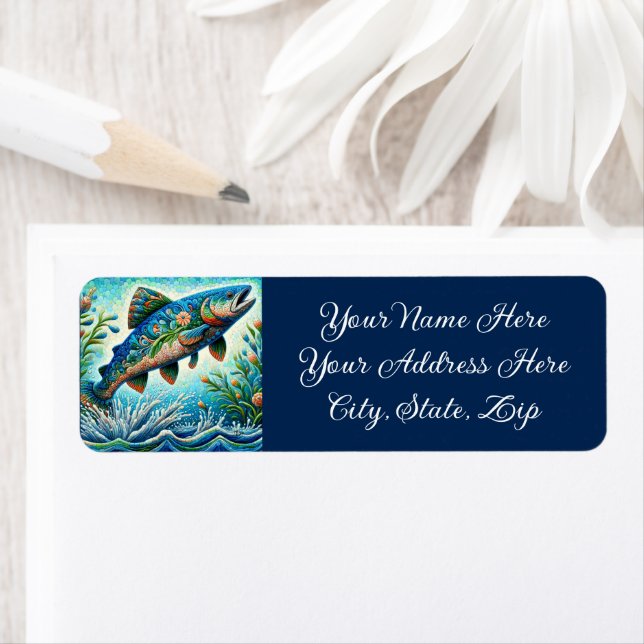 Vitmisk Blommigt Salmon Fish Blue Grönt Peach Returadress Etikett (Insitu)