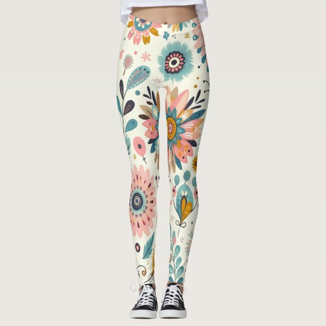 Vitmisk bohemisk fjäder och blommor leggings (Framsida)