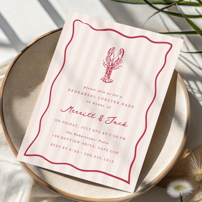 Vitmisk Doodle Lobster Bake Rehearsal Middag Inbjudningar (Coastal lobster bake rehearsal dinner invitations)