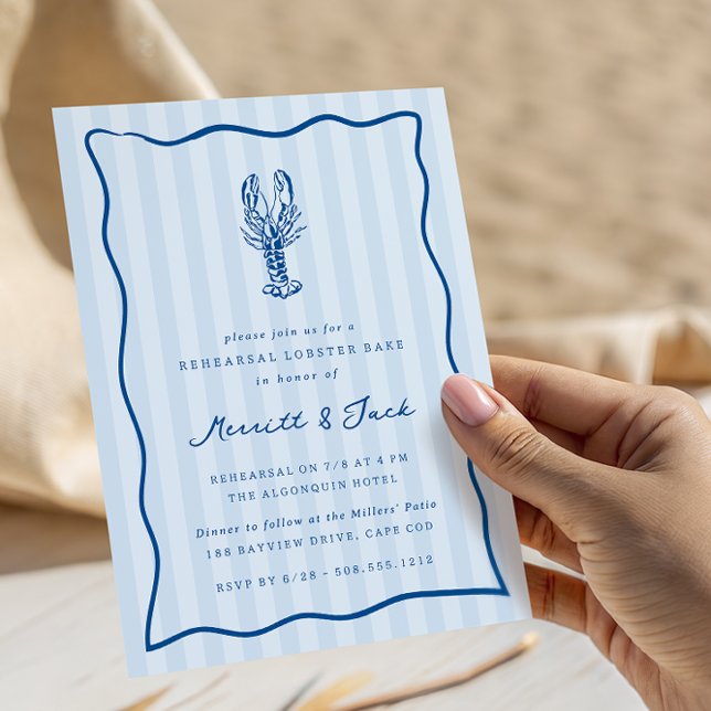 Vitmisk Doodle Lobster Bake Rehearsal Middag Inbjudningar (Coastal lobster bake rehearsal dinner invitations)