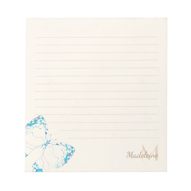Vitmisk Elegant Blue Butterfly Monogram Namn Anteckningsblock (Framsida)
