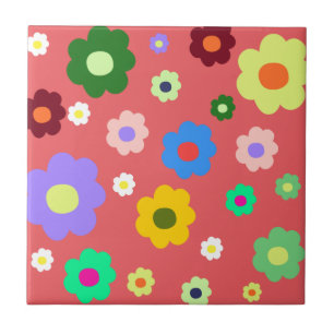 Vitmisk färgfull Blommigt Retro, Cheerful, Preppy Kakelplatta