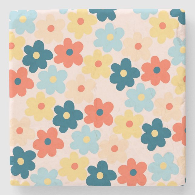 Vitmisk färgfull Blommigt Retro, Cheerful, Preppy Stenunderlägg (Framsidan)