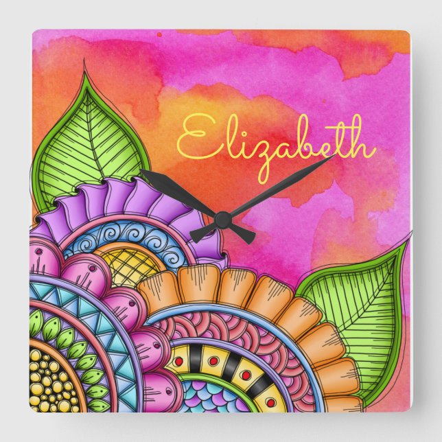 Vitmisk färgfull modern Blommigt Vattenfärg Fyrkantig Klocka (Framsida)