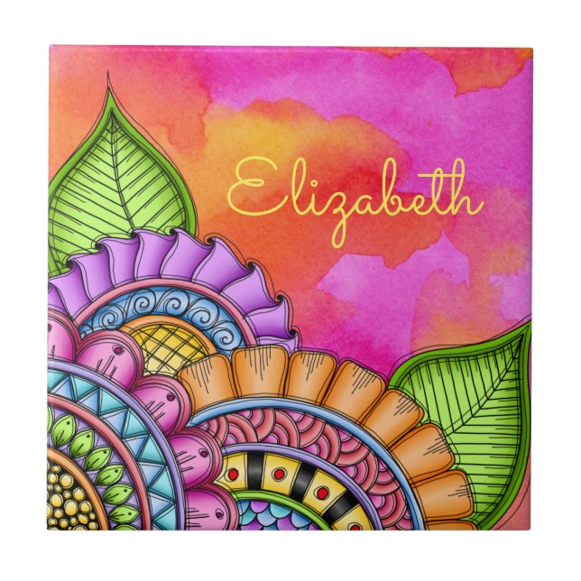 Vitmisk färgfull modern Blommigt Vattenfärg Kakelplatta (Framsidan)