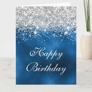 Vitmisk faux-Royalet Blue Silver Glitter födelseda Kort