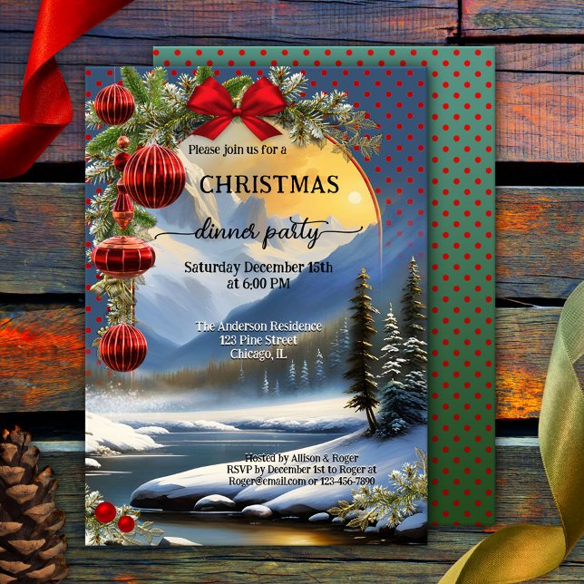 Vitmisk festlig retro-julmiddag Party Inbjudningar (Festive Christmas dinner party invitation featuring a winter wonderland with pine trees)