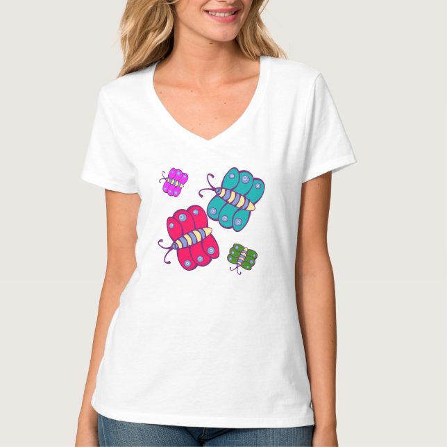 Vitmisk fjärilsinspirerad färgstark Insekter T Shirt (Framsida)