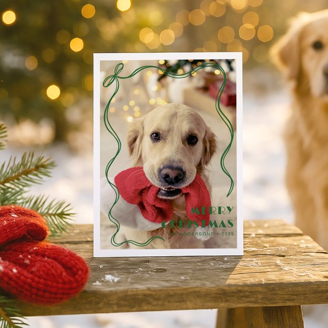 Vitmisk Grönt Ribbon Pet Photo God jul Julkort (Skapare uppladdad)