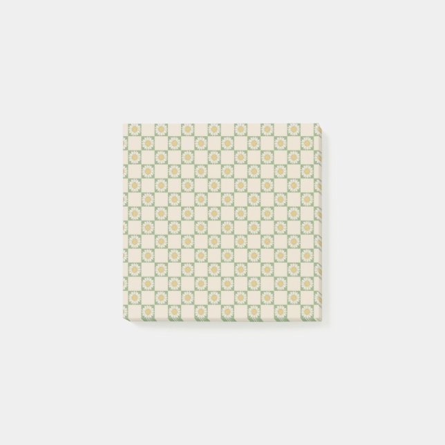 Vitmisk Grönt Solrosolkontrollerad Retro Botanica Post-it Block (Framsida)