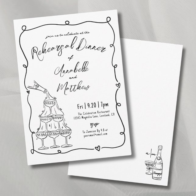 Vitmisk Hand plockade-Bröllop-rehearsal-middag Inbjudningar (Whimsical Hand Drawn Wedding Rehearsal Dinner Invitation)
