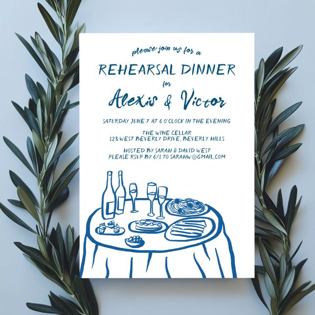 Vitmisk Hand plockade-repetitionsmiddag Bord-Anpas Inbjudningar (Whimsical Hand Drawn Rehearsal Dinner Table Custom Invitation
)