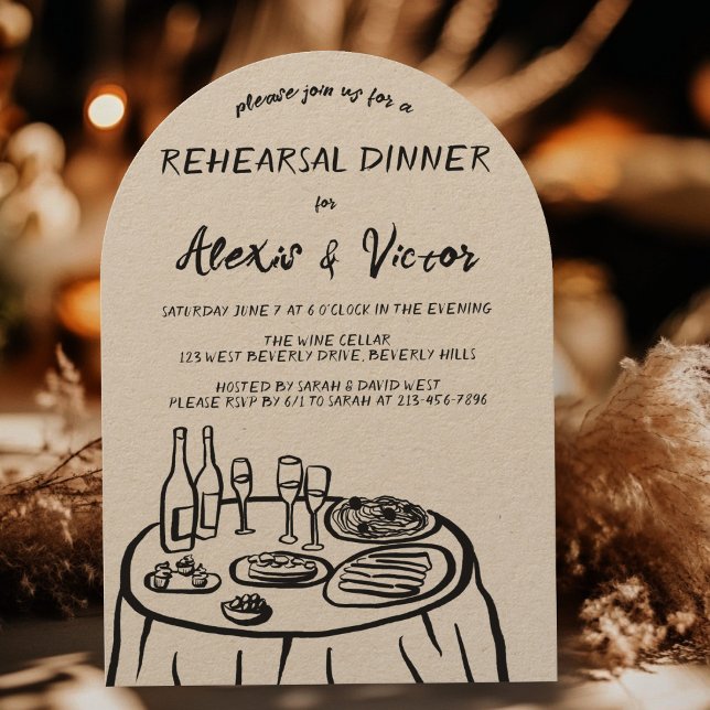 Vitmisk Hand plockade-repetitionsmiddag Bord-Anpas Inbjudningar (Whimsical Hand Drawn Rehearsal Dinner Table Custom Invitation
)