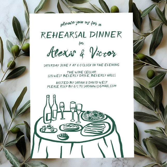 Vitmisk Hand plockade-repetitionsmiddag Bord-Anpas Inbjudningar (Whimsical Hand Drawn Rehearsal Dinner Table Custom Invitation
)