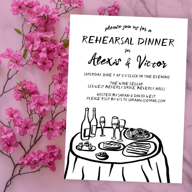 Vitmisk Hand plockade-repetitionsmiddag Bord-Anpas Inbjudningar (Whimsical Hand Drawn Rehearsal Dinner Table Custom Invitation
)