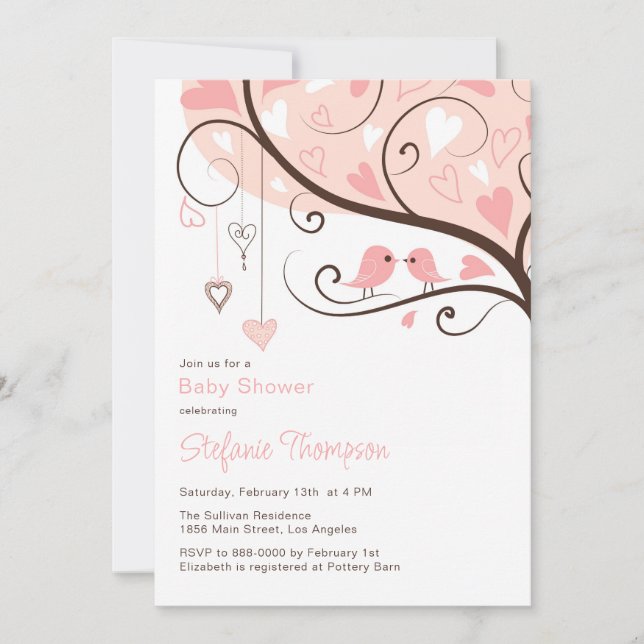 Vitmisk inbjudan till Rosa Birds Baby Shower (Framsida)
