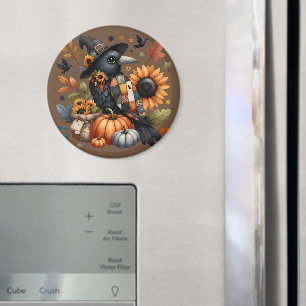 Vitmisk Kråka med pumpor och solrosor Magnet