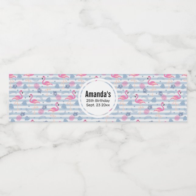 Vitmisk lamingo och ananas Mönster födelsedag Vattenflaskor Etikett (Singel etikett)