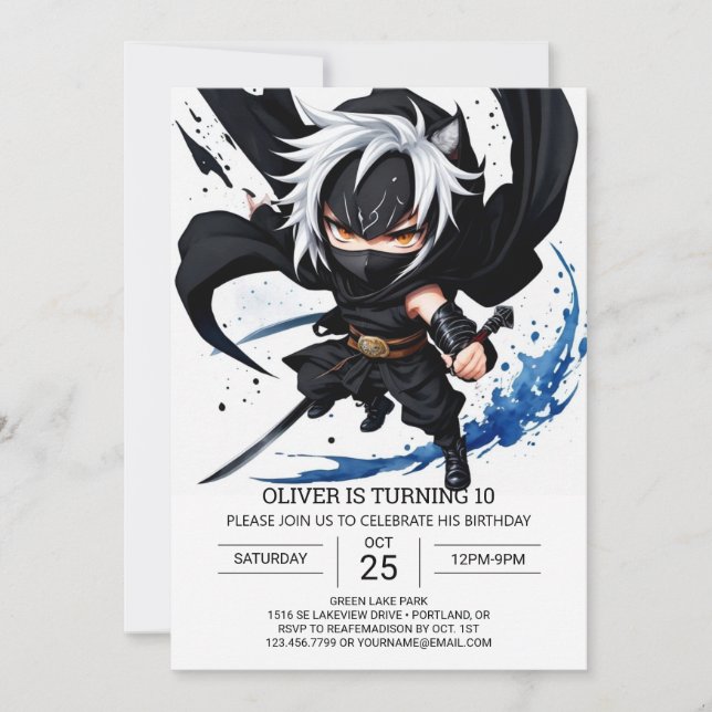 Vitmisk Ninja Martial Arts Birthday Inbjudningar (Framsida)