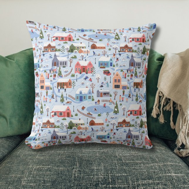 Vitmisk nordisk helgby i Hygge, Pastel Kudde (Nordic Christmas Village Throw Pillow Pastel)