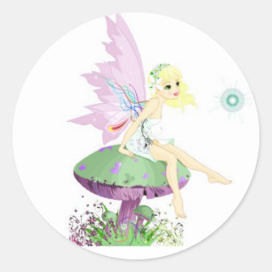 Vitmisk pastel Garden fairy sitta på svamp Runt Klistermärke