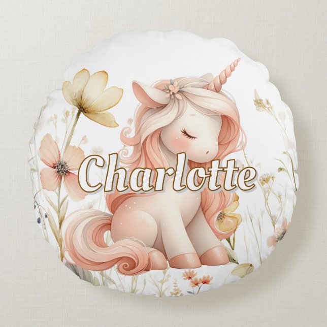 Vitmisk persikofärgad enmajsblomma rund kudde (Framsidan)