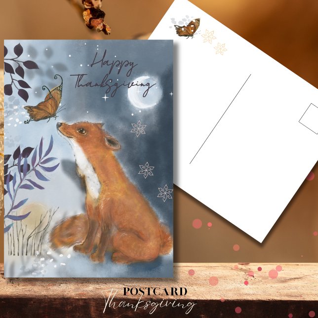 Vitmisk räv- och fjärilsmastisk Thanksgiving Vykort (Whimsical Fox & Butterfly Mystical Thanksgiving Postcard)
