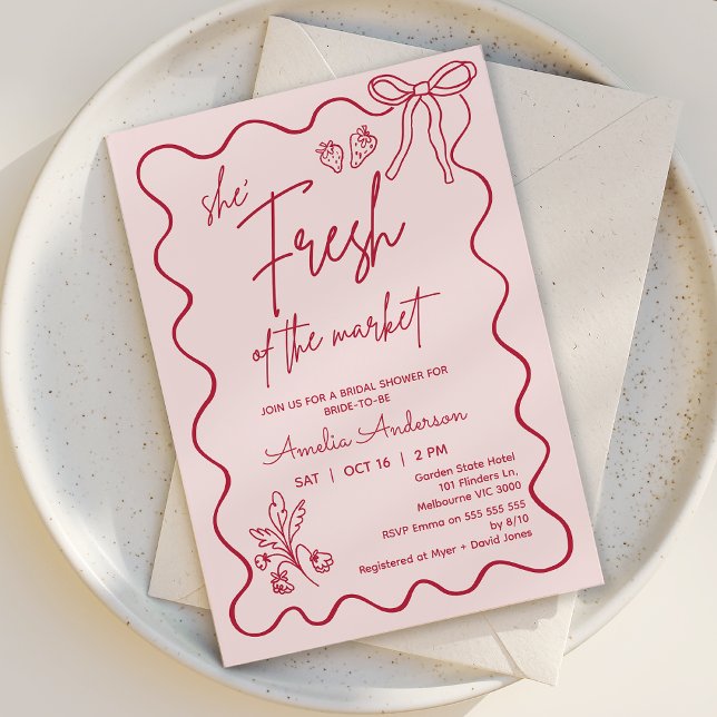 Vitmisk rödfärsk färsk från Möhippan på marknaden Inbjudningar (Fresh off the Market Bridal Shower Invitation, Whimsical Market Farmers Bridal Shower Invitation )