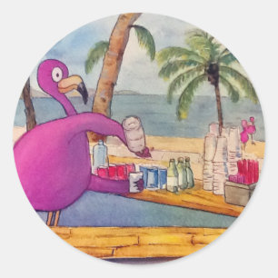 Vitmisk Rosa Flamingo Pours Party Drinks Beach Runt Klistermärke