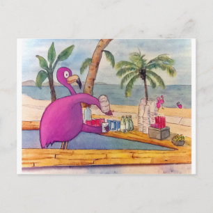 Vitmisk Rosa Flamingo Pours Party Drinks Beach Vykort
