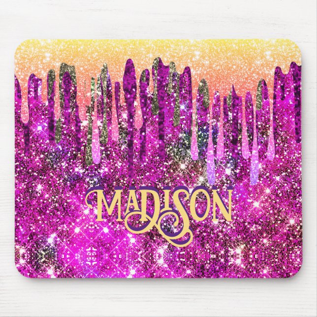 Vitmisk rosa lila Glitter guld droppar monogram Musmatta (Framsidan)
