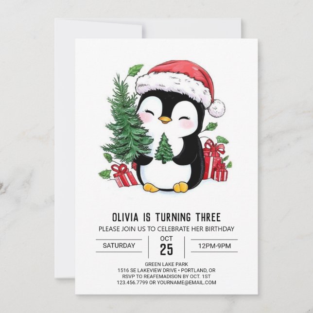 Vitmisk snöflummel Penguin Digital Birthday Inbjudningar (Framsida)