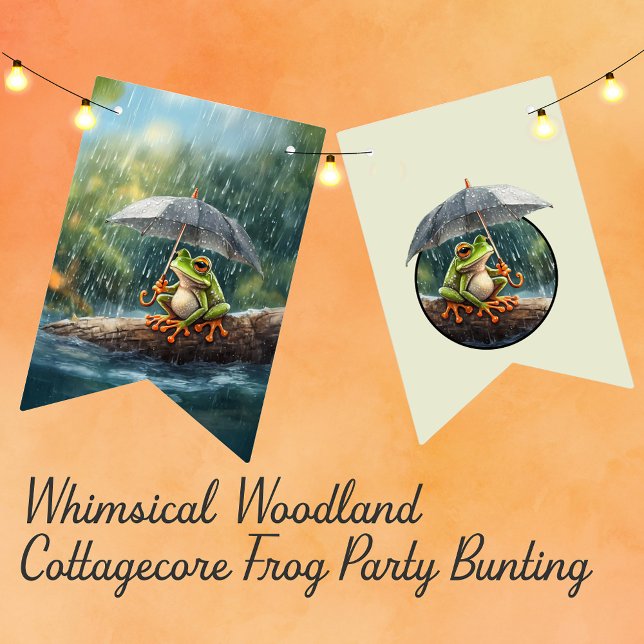 Vitmisk träbetsbetesmark, grodd från födelsedagsbl vimplar (Whimsical Woodland Cottagecore Frog Birthday Party Bunting Rainy Day Aesthetic Birthday Decorations)