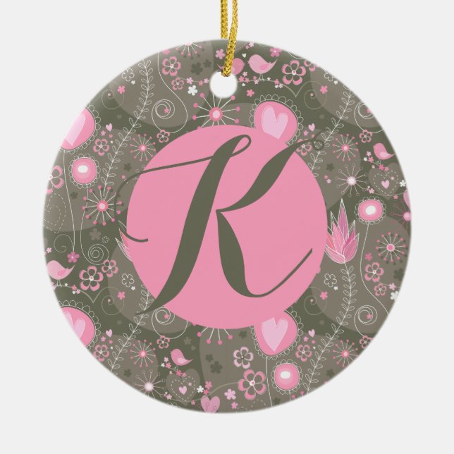 Vitmisk trädgårdsfågel Rosa Olive Monogram Brev Julgransprydnad Keramik (Framsidan)