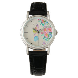 Vitmisk vattenfärgad hummingbird och blommor armbandsur
