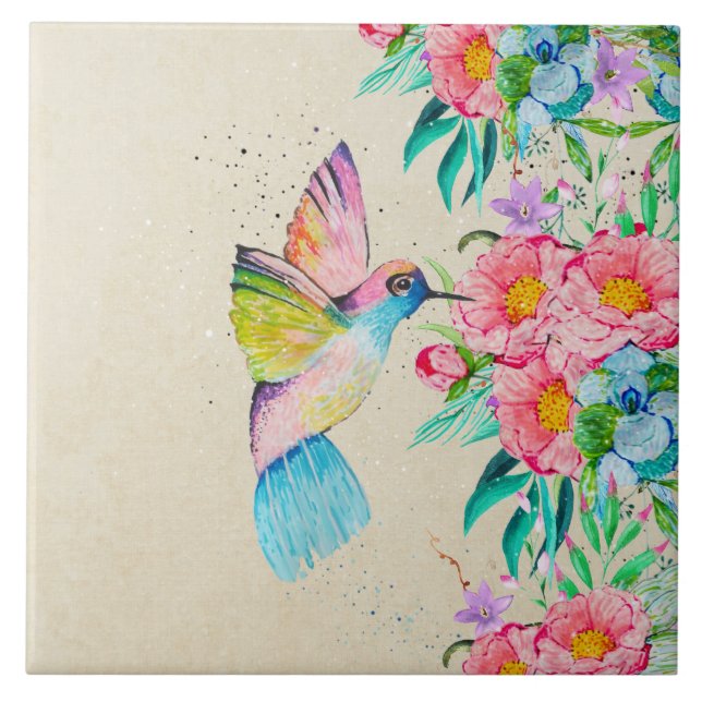Vitmisk vattenfärgad hummingbird och blommor kakelplatta (Framsidan)