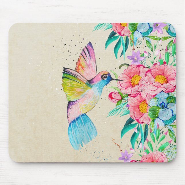 Vitmisk vattenfärgad hummingbird och blommor musmatta (Framsidan)
