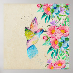 Vitmisk vattenfärgad hummingbird och blommor poster