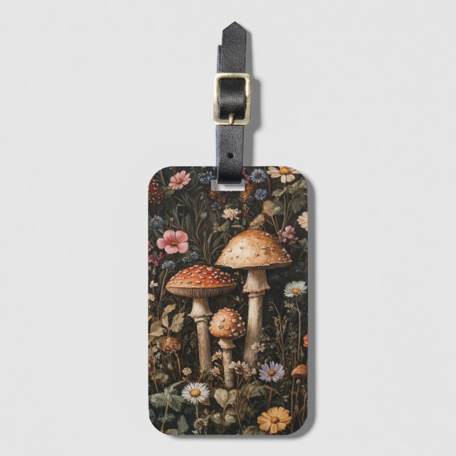 Vitmiska svampar och snurrotsblommor botaniska bagagebricka (Framsida vertikal)