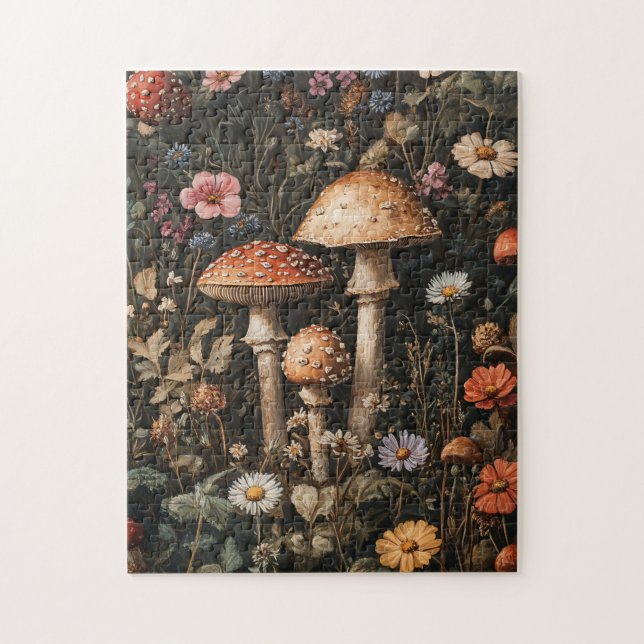 Vitmiska svampar och snurrotsblommor botaniska pussel (Vertikal)