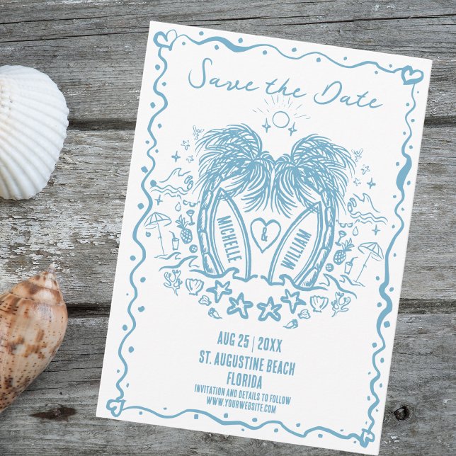 Vitmiskt Beach Doodle Bröllop vid Hand plockade vi Spara Datumet (blue palm trees doodle beach wedding with names written on paddle surf boards)
